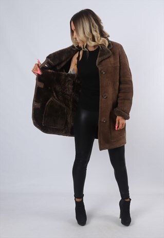 SHEEPSKIN SUEDE SHEARLING COAT LEATHER JACKET UK 12 (BJ6F)