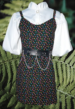 GREEN 90S GRUNGE CORDUROY SLIP DRESS WITH FLORAL PRINT