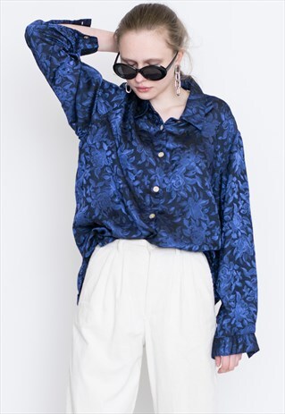 VINTAGE BLUE FLORAL LONG SLEEVE RETRO SHIRT