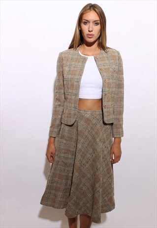 VINTAGE 1970'S 70'S BROWN BLUE PLAID TWEED WOOL SKIRT M-L