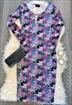 Purple Floral Bodycon Midi Dress