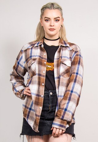 90'S VINTAGE BROWN CHECK PATTERN BOYFRIEND FLANNEL SHIRT