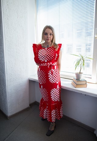 VINTAGE 70'S MAXI RED PATTERNED COTTON DRESS