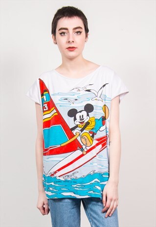 VINTAGE 80'S WHITE MICKEY MOUSE WINDSURFING PRINT T-SHIRT