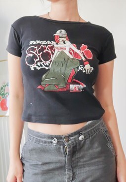 Vintage Y2K Black Skater Girl Graffiti Graphic Tshirt