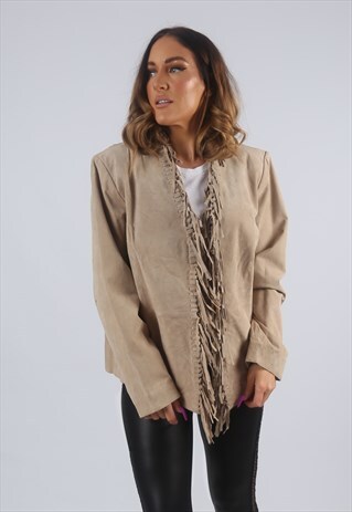 VINTAGE SUEDE LEATHER TASSEL JACKET FRINGE UK L 14 (CK2X)