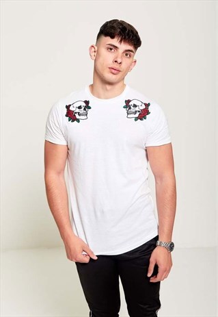 SKULL AND FLORAL EMBROIDERY DETAIL T-SHIRT