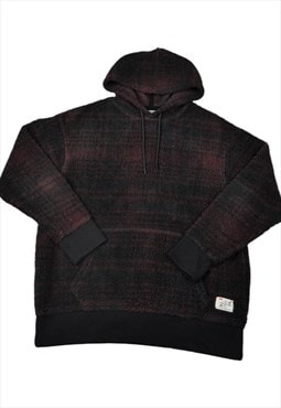 Vintage Hooded Fleece Checked Pattern Burgundy Large