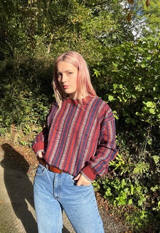 VINTAGE CHUNKY KNITTED ABSTRACT PATTERNED GRANDAD JUMPER