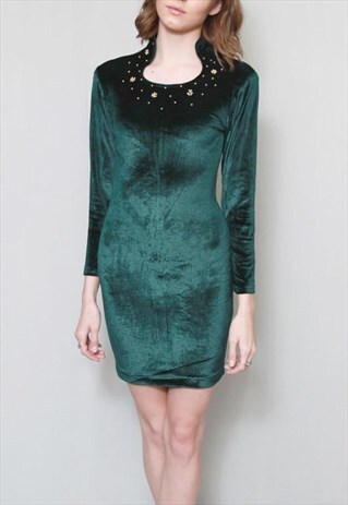 VINTAGE 1990'S GREEN SOFT VELVET BEADED MINI DRESS
