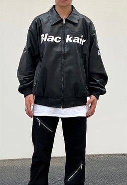 Black faux leather Embroidered Oversized Racing jacket Y2k
