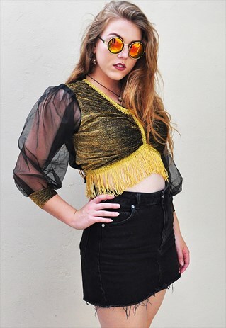 VINTAGE MAMMA MIA GOLD SPARKLY FRINGED FESTIVAL CROP TOP