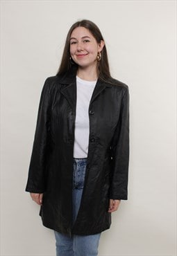 90s black leather trench coat, vintage minimalist trench 