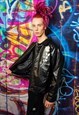 FAUX LEATHER VARSITY JACKET FLORAL GRUNGE BOMBER IN BLACK