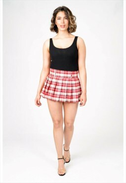 Red & White Tartan Check High Waist Pleated ALine Mini Skirt
