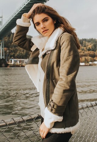 BELTED FAUX SUEDE AVIATOR JACKET