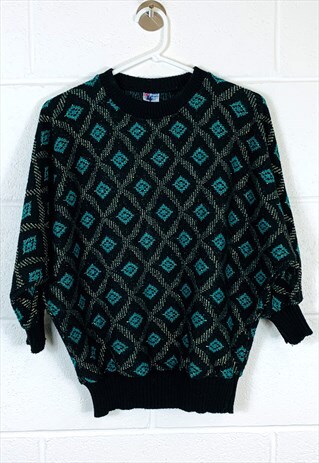 VINTAGE ABSTRACT KNITTED JUMPER BLUE AND BLACK PATTERNED