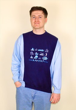 Vintage 90s NAFNAF Patchwork Sweatshirt in Navy & Pale Blue