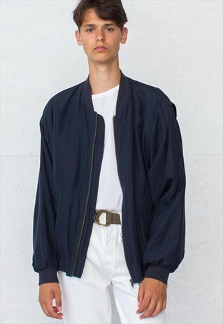 VINTAGE DARK BLUE HAPPY LIFE BOMBER SILK JACKET