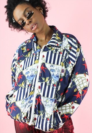 VINTAGE 90S BOMBER JACKET PRINT CRAZY NAVY MARITIME PRINT