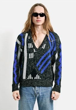 Vintage v-neck sweater men geometric patterned grey jumper