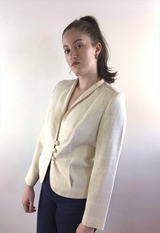WOMENS VINTAGE 80S JACKET CREAM BUTTON UP SUIT TOP BLOUSE