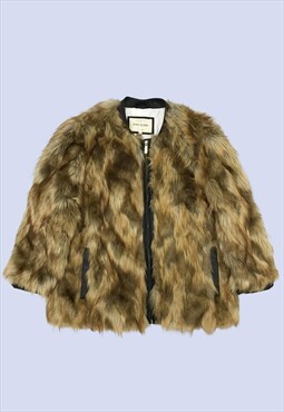 Brown Faux Fur Leather Trim Zip Collarless Shaggy Coat