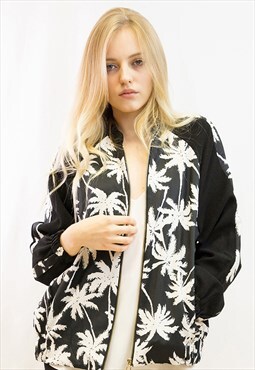 Bomber Jacket in Black and White Palm Tree Print