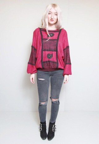 VINTAGE 1980'S SLOUCHY BERRY PINK & BLACK FLUFFY JUMPER