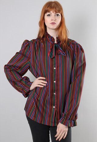 VINTAGE 80S STRIPE RUFFLE TIE NECK BLOUSE