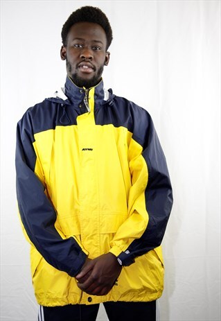 VINTAGE YELLOW &NAVY K-WAY HOODED WINDBREAKER