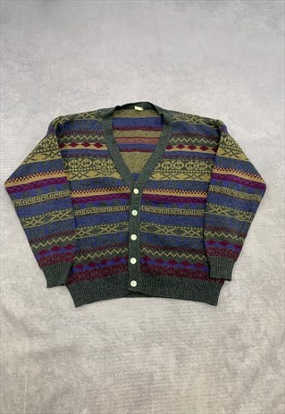 VINTAGE ABSTRACT KNITTED CARDIGAN PATTERNED GRANDAD SWEATER