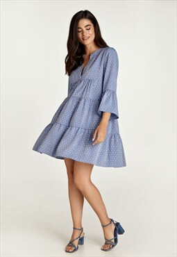 Denim Style Embroidered A Line Dress