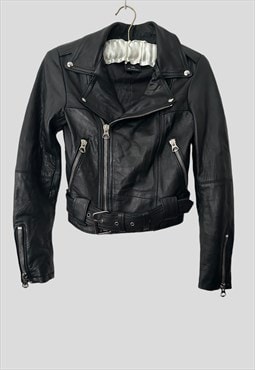 Ladies Vintage Recycled Leather Biker Jacket Silver XS