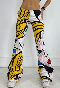 Vintage 90s Trousers Comic Book Print Graphic Flares Y2k 00s
