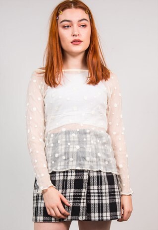 VINTAGE 90'S WHITE MESH POLKA DOT OFF THE SHOULDER TOP
