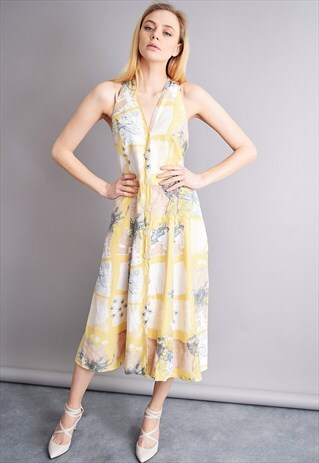 VINTAGE 90'S RETRO FLORAL & BIRD PATTERN ELEGANT MAXI DRESS