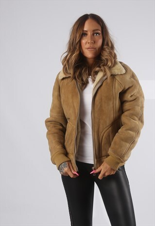 VINTAGE SHEEPSKIN SUEDE SHEARLING BOMBER JACKET COAT (H4D)