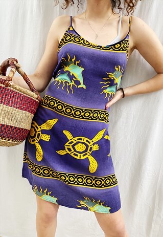 VINTAGE 90S ETHNIC TURTLE PRINT FESTIVAL MIDI BEACH DRESS