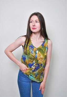 Floral print vocation shirt, holiday sleeveless blouse, 90s 