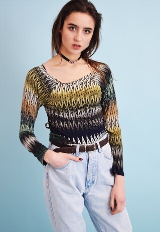 90'S RETRO ETHNIC PRINT KITSCH LYCRA PARTY TOP BLOUSE