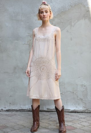VINTAGE 90'S RAYON MIDI DRESS IN BEIGE