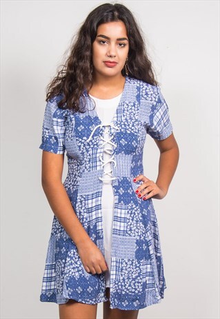VINTAGE 90'S BLUE FLORAL PATTERN TWO LAYER LACE UP DRESS