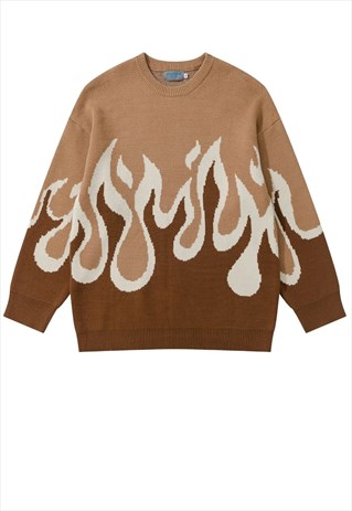 Flame sweater knitted grunge jumper raver top in camo brown