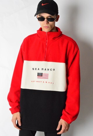 VINTAGE 90S RED COLOUR BLOCK 1/3 ZIPPER FLEECE JUMPER