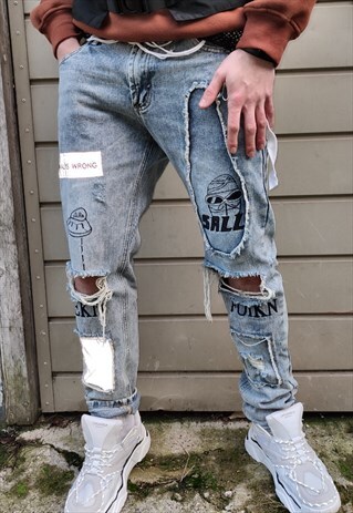 STRAIGHT REFLECTIVE Y2K REWORKED EMBROIDERED PATCH JEANS