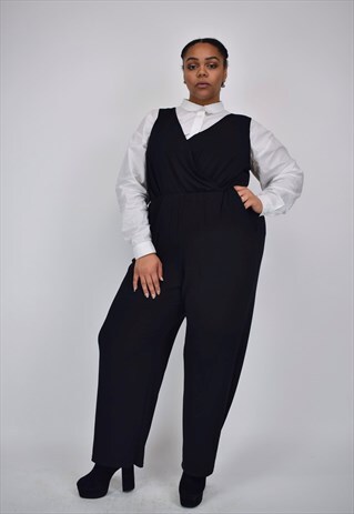 VINTAGE 90S BLACK CROSS OVER JUMPSUIT WITH POCKETS