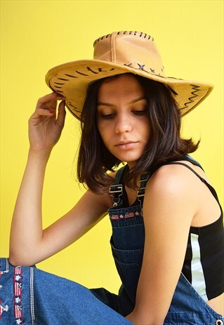 VINTAGE 90'S RETRO COUNTRY STYLE EMBELLISHED LEATHER HAT