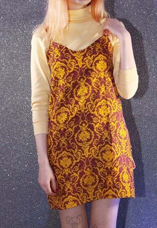 MAROON CORDUROY SLIP DRESS WITH ABSTRACT PRINT