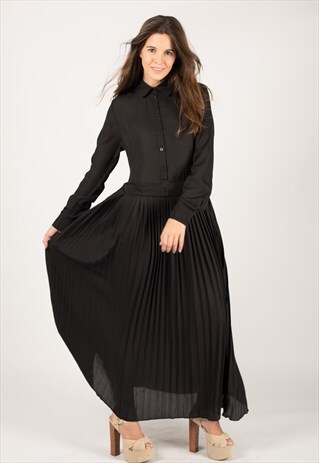 FULL LENGTH PLEATED LONG SLEEVES MAXI DRESS IN BLACK CY